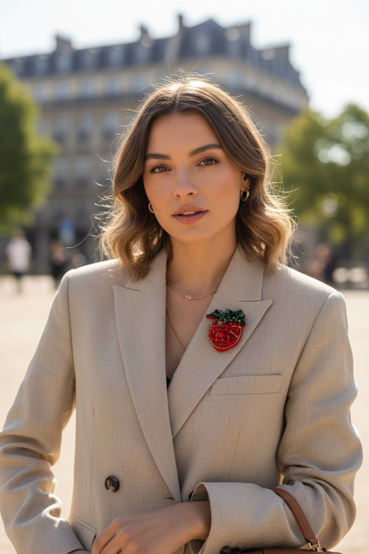 Broche Fraise – Lifestyle avec broche originale